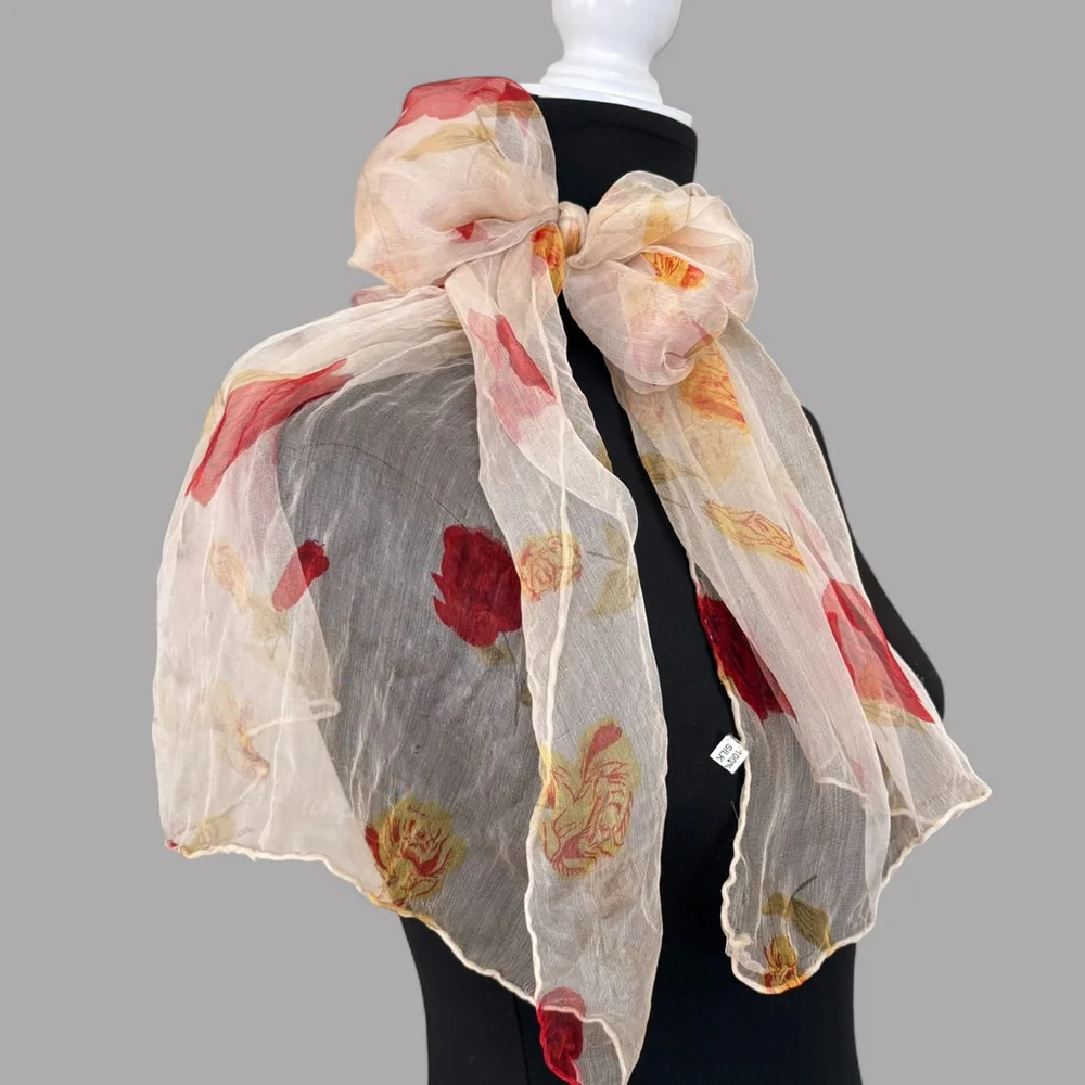 1950s Silk Scarf Cream Floral Rose Sheer